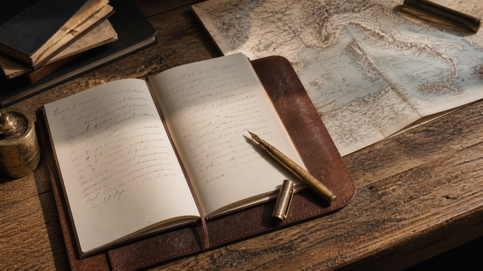 Vintage notebook, fountain pen, and folded Mediterranean map on a weathered oak desk