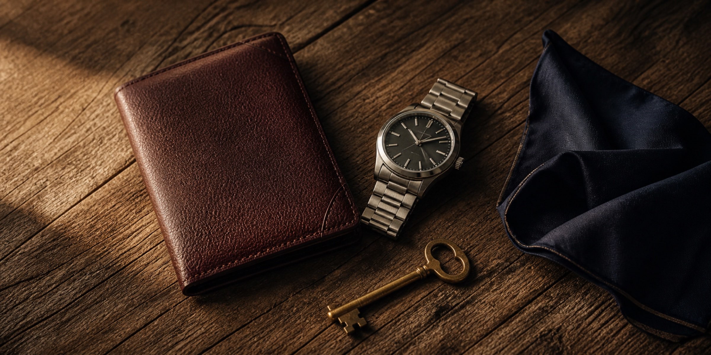 Editorial flat-lay of leather passport wallet, brushed-steel watch, navy silk pocket square, and brass key